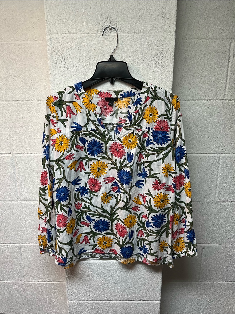 Floral Button-Front Long Sleeve Top in White with Multicolor Blooms